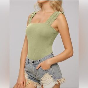 MANGOPOP Women's Square Neck Ruffle Strap Stretchy Tank Tops Bodysuit Jumpsuit